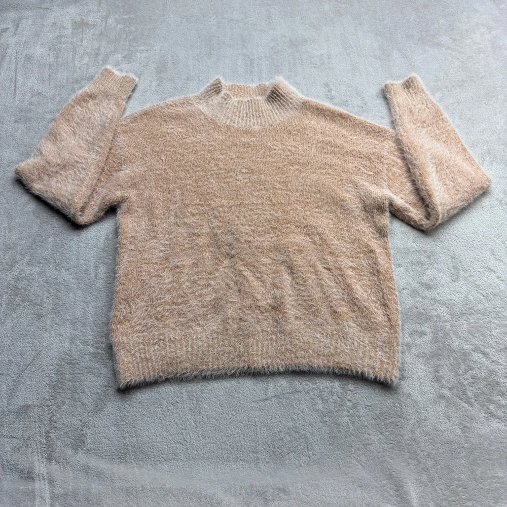 Falls Creek Pullover Sweater Women's Large Tan Fuzzy Eyelash Knit Mock Neck Cozy